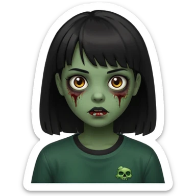 Zombie girl emoji verde escuro com cabelo curto liso preto no ombro e franja na altura da sobrancelha com uma blusa preta, olhos castanhos escuros sticker