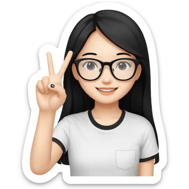 An Asian girl with fair skin and long black hair, wearing black square-framed glasses and a white T-shirt, smiled slightly,with a v sign on her hand sticker