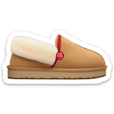 Ugg Camel slip-on slippers. A thin red zig-zag line on cuff, and a high chunky thick platform sole. sticker