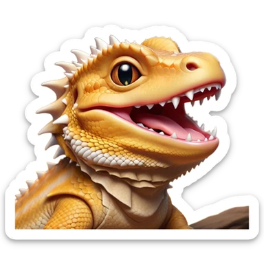 Cinematic Cute Yawning Bearded Dragon Portrait Emoji, Head tilted slightly with a dramatic, wide-open yawn, showcasing a soft, textured scaled hide with its spiky beard partially drooped and eyes barely open in drowsy contentment, Simplified yet irresistibly adorable features, highly detailed, glowing with a soft, cozy glow, high shine, relaxed yet expressive, stylized with a touch of reptilian whimsy, bright and endearing, soft glowing outline, capturing the essence of a sleepy yet affectionate dragon, so drowsy it feels like it could stretch out of the screen and curl up for a nap! sticker