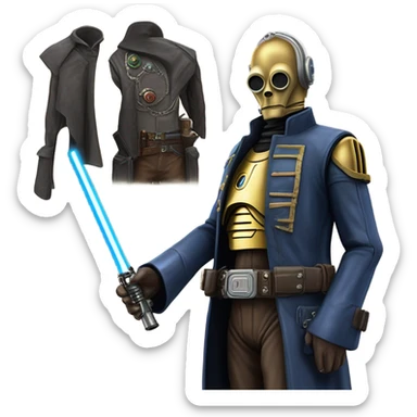 mean bounty hunter tarnished undercover tough well-equipped Jedi  life-sized darkblue-pearl C3po leather vest clothing pants and vest old west duster coat holding light saber sheriff holstered gun sticker