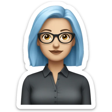 Caucasian woman with chin length layered blue hair and grey eyes wearing light grey square-shaped glasses and a black collared shirt sticker