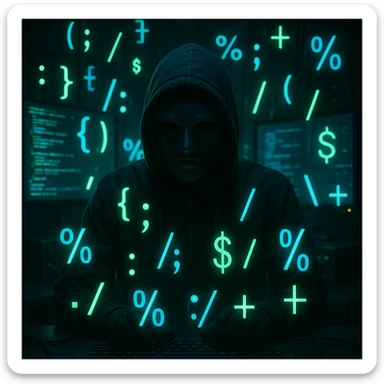 a mysterious hacker in a mask, surrounded by code sticker