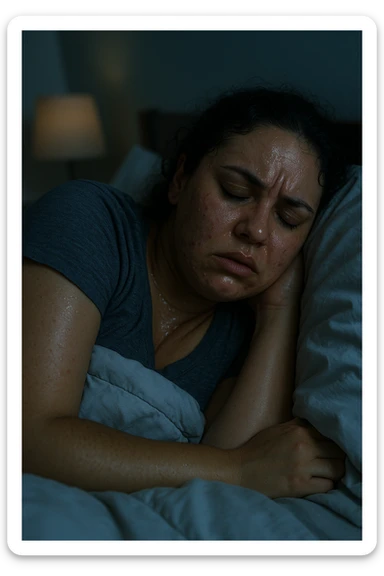 A realistic cinematic vertical 2:3 image of a woman with PCOS sleeping at night, showing signs of nocturnal glycemic instability such as sweating, agitation, and discomfort. Nighttime atmosphere with detailed, realistic features, minimal text. sticker