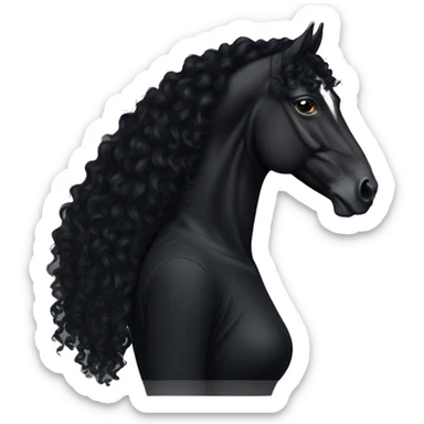 White girl, black shirt, long black curly hair, with  black arabian horse sticker