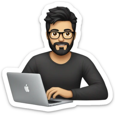 Designer with black hair, beard and glasses working with MacBook and drinking cappuccino  sticker