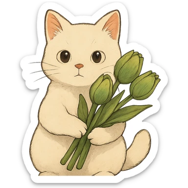 white cat holding green tulips sticker