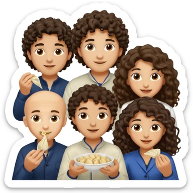 Can you create an emoji of three 23 year olds eating dumplings. One boy with wavy curly hair one Jewish girl with long dark brown curly hair and one half Indian / half white girl with mid length dark brown hair. All brown eyes sticker