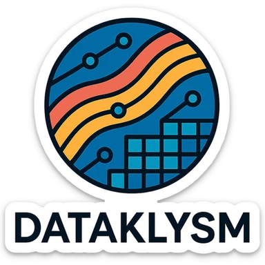 sleek futuristic icon logo for DATAKLYSM with stylized data streams, digital grid motifs, sharp lines, emphasizing innovation and technology sticker
