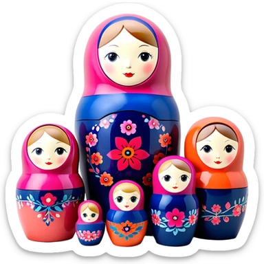 A modern Russian pop art matryoshka doll, fully opened and arranged horizontally in a clean, structured layout, with each layer revealing a unique, vibrant color while maintaining a cohesive palette. Smooth, glossy surfaces adorned with abstract, contemporary patterns create a sense of unity and depth. Rich, harmonious colors such as deep navy, coral, fuchsia, soft peach, and muted lavender contrast elegantly against a sleek gradient lavender-coral with noise background. The ultra-sharp focus, refined lighting, and high-end beauty product aesthetics bring a stunning, captivating glow to this 3D render. sticker