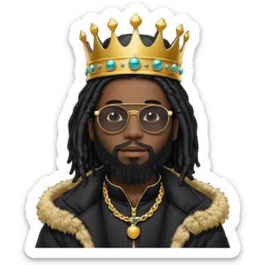 African American man with beardwith shoulder length black dreadlocks wearing black sunglasses with black bubble winter coat weariring a crown on his head sticker