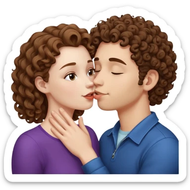 A couple kissing, the man would be white-skinned, mid fade-curly, brown-hair. The serious woman with white skin, brown color sticker