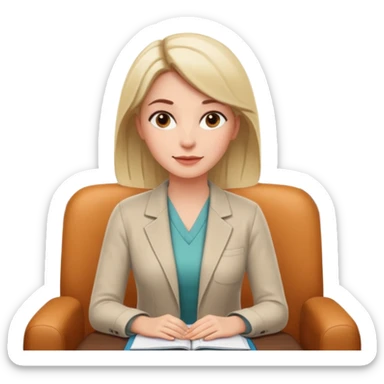 A professional female psychologist, friendly expression, sitting in a therapy office, modern and warm environment, neutral colors, realistic style, white background sticker