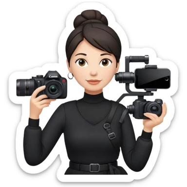 middle aged woman photographer with dark hair in a bun, wearing black clothes, carrying a canon r5 and an iPhone on a gimbal sticker