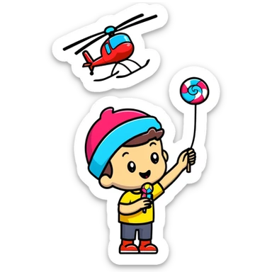 happy kid with helicopter hat eating candy sticker