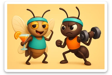 EMOJI STILE IPHONE 3D DI UNA CICALA E UNA FORMICA IN ABITI FITNESS, LA CICALA HA IN MANO UN COCKTAIL MENTRE LA FORMICA HA IN MANO UN MANUBRIO DA PALESTRA. L'IMMAGINE RAPPRESENTA IL FATTO CHE LA FORMICA VOGLIA IMPEGNARSI REALMENTE PER CAMBIARE IL SUO FISICO MENTRE LA CICALA SI VUOLE DIVERTIRE E NON CONCLUDE NULLA ALLA FINE sticker