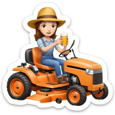 White woman with brown hair, without glasses wearing a straw hat, on old orange ride on lawn mower, holding a beer with one hand and holding the steering wheel with the other hand sticker