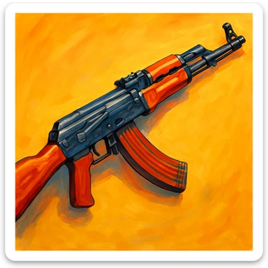 Сгенерируй мне АК 47 в чуть рисованном стиле, ярко объемно и красочно! на однородном фоне sticker
