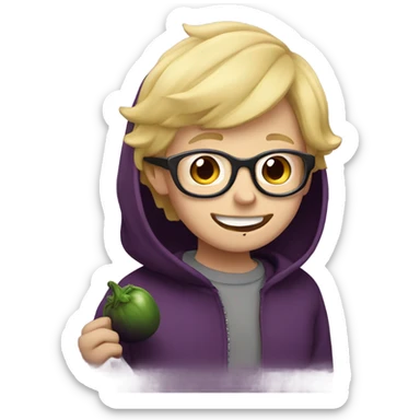 smiling blonde boy with glasses wearing hoodie eating a eggplant  sticker