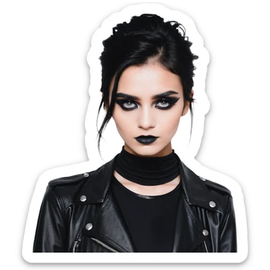 Chucky's bride in a black dress and black leather jacket, heavy dark eye makeup sticker