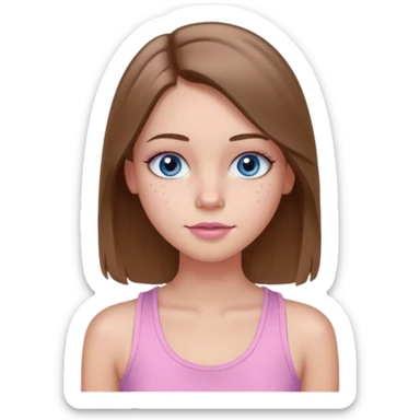 Create a TEENAGE girl with LONG and straight light brunette hair with a MIDDLE PART, light skin, light freckles, and blue-gray eyes. She will have pink lips and LONG eyelashes. She will be wearing a light pink tank top sticker