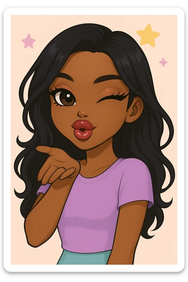 Remove any hats, ensure she is winking while blowing a kiss, headshot only, 20-year-old anime Bratz style woman with dark skin, dark hair, cute pastel Y2K look, big expressive eyes, glossy lips, happy expression, no tears. Style: anime Bratz. sticker