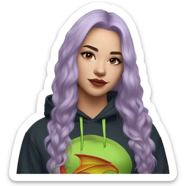 Lady with brunette and iridescent blue hair, gold, lime green dragon wings, maroon hoodie, 420, black and gold Nike t shirt, and bright red eyes sticker