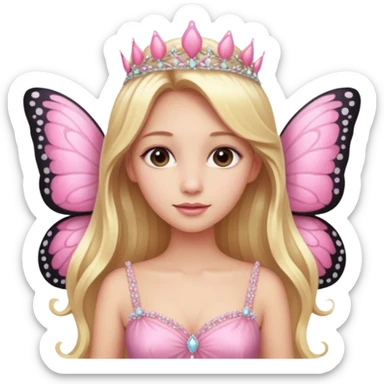 Detailed pink dress, long blonde hair, pink butterfly wings sticker