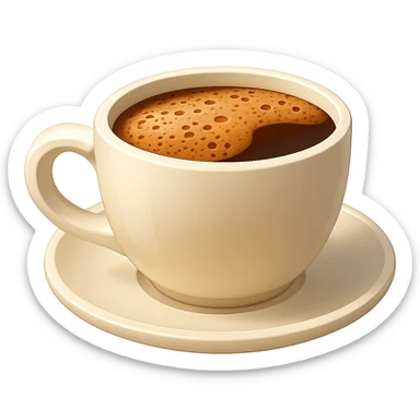 Create an emoji style coffee cup on a plate with a foamy coffee surface. No face on the cup. Match the shading and lighting of the reference image as closely as possible. Remove the background entirely. sticker