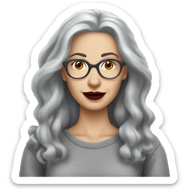 Attractive Caucasian woman with long grey hair, wearing wire frame glasses, dark red lipstick, and a grey sweatshirt, she had French facial features  sticker