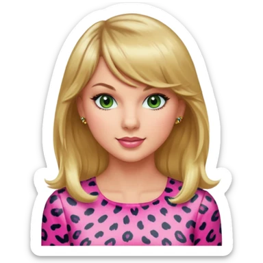 Long haired with bangs that frame her face, Green eyed, smiling Taylor Swift wearing a pink leopard print dress with long golden blond hair sticker