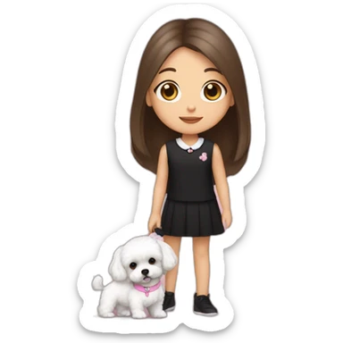 girl brunette with long straight hair dressed in black top hold on the hand, dressed small white puppy girl maltipoo with pink collar sticker