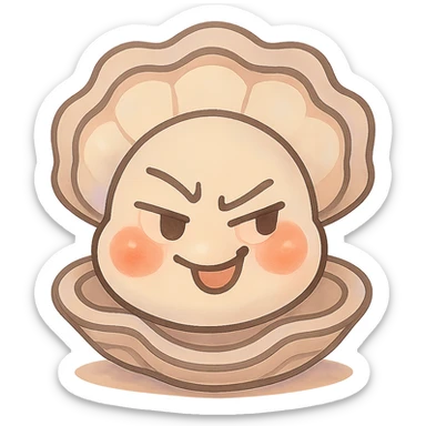 Enhance the cute oyster by adding subtle pastel highlights, accentuating the cream and greige effect, strengthening the pearly effect of the shell, making the red cheeks more natural and luminous, while keeping the mischievous expression and transparent background. Maintain the overall style and delicate details of the original image. sticker
