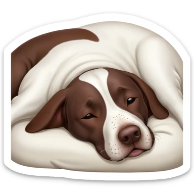 Cinematic Meme-Worthy Chubby Sleeping German Pointer Portrait Emoji, Head resting peacefully with a contented smile, showcasing a delightfully chubby build and a luxuriously soft liver and white coat, eyes shut in a serene nap, Simplified yet hilariously adorable features, highly detailed, glowing with a soft, drowsy light, high shine, relaxed and utterly lovable, stylized with an air of playful laziness, bright and heartwarming, soft glowing outline, capturing the essence of a comically sleepy hunter, so meme-worthy it feels like it could instantly become the next viral sensation of adorable slumber! sticker