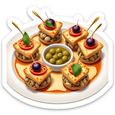 Tapas (4 Pintxos) Cinematic Realistic Tapas Dish Emoji, depicted as an assortment of 4 pintxos elegantly arranged on a plate, rendered with lifelike textures and vibrant, inviting lighting. sticker