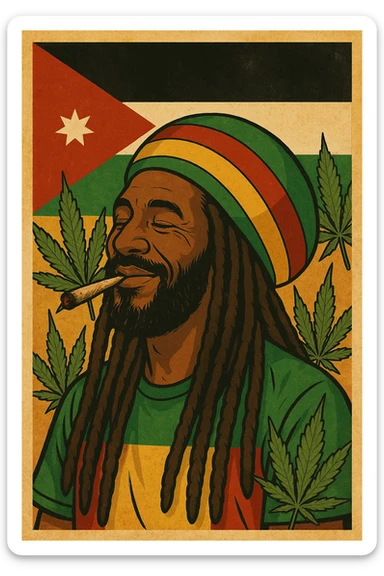 A digital vintage-style poster illustration of a Jordanian Rasta man with dreadlocks, wearing a red, yellow, green striped tam hat. He is smiling peacefully with a lit herbal spliff in his mouth. The background features the official Jordan flag — black, white, green horizontal stripes with a red triangle and a white 7-point star — accurately displayed behind him. Cannabis leaves are tastefully arranged around the composition, and the poster includes Rasta color textures blended with the Jordanian palette. Use a retro poster style with warm, slightly aged textures, bold outlines, and soft shading to evoke a soulful reggae vibe that honors both Jordanian pride and Rasta spirit. The mood is chill, powerful, and respectful sticker