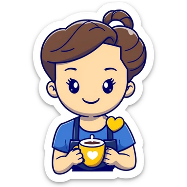 Cute brunette barista girl with hair in a bun wearing yellow shirt and dark blue apron, she's relaxed and making heart-shaped latte art, smiling at the coffee cup with a heart design in the foam sticker