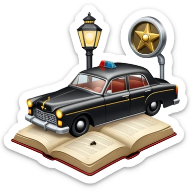 Icon for Action & Crime Reading: an open book with dramatic crime scenes—bullet holes on pages, a detective badge, a revolver and a getaway car. Surrounding elements include a flickering streetlight. Transparent background. sticker