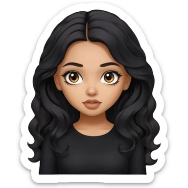a pretty bratz dusky girl with long wavy black hair, kajal under eyes, black full sleeve  top sticker