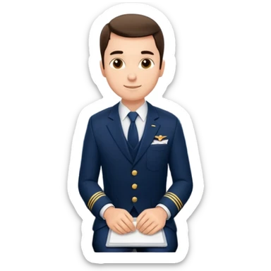 A  male courteous flight attendant checking seat rows with a polite, attentive posture. sticker