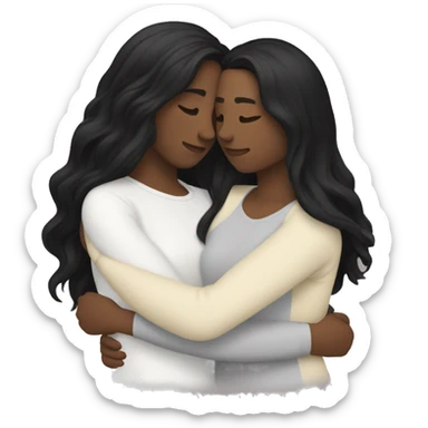 A lesbian couple who both have white skin and long black hair are hugging intimately. sticker
