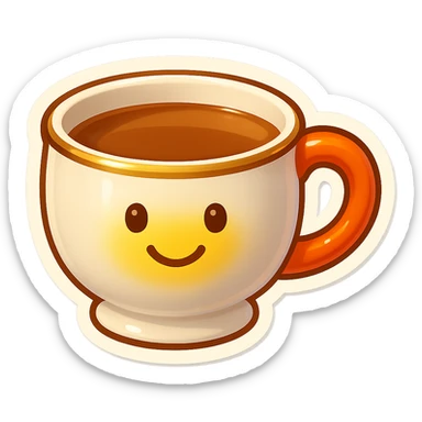 Hermès-style ceramic cup of tea, minimal design, Hermès orange handle, gold rim, cute emoji style, more variations, on white or transparent background sticker