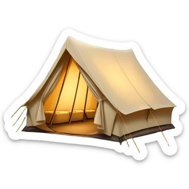 Cinematic Realistic Tent, a sturdy canvas tent nestled among tall trees, warm golden light spilling from inside, gentle folds in the fabric visible, glowing against the cool, dark forest backdrop, evoking a sense of adventure and comfort. sticker