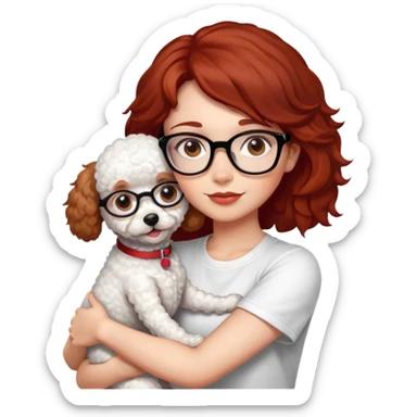 Girl with medium-short dark brown-red hair with glasses, white t-shirt, brown eyes, hugging a white toy poodle sticker