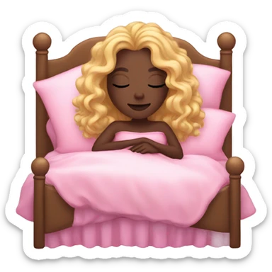 gorgeous dark skin woman with long blonde curly hair sleeping on pink princess bed sticker