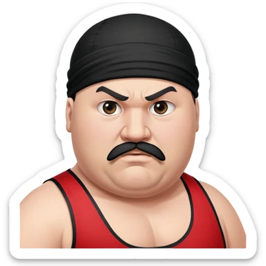 Close-up of morbidly obese white skin guy with young face, prominent BLACK DURAG tied clearly on head, distinct black beard and mustache, no muscle, black eyes in a red and black wrestling singlet with angry face sticker