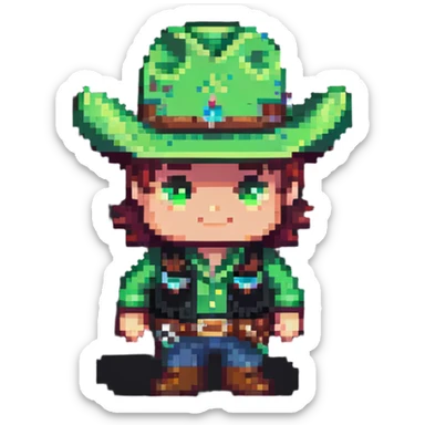 Cowboy character with a bright green hat sticker
