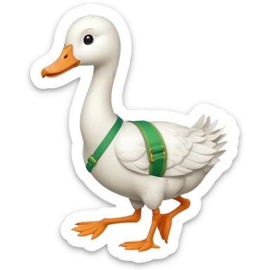 Make me an emoji of a goose that is running towards something. Also make it white. Make it have a very long neck like geese do.

Can you make the goose wear green suspenders sticker