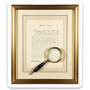 Icon for Autograph Collecting: a signed piece of paper or book page with a famous signature, surrounded by a magnifying glass, and a collection of several framed autographs. Transparent background. sticker