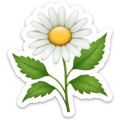 Cinematic Realistic Daisy Emoji, Cheerful and pure, with bright white petals surrounding a sunny yellow center, standing proudly atop a slender green stem. The soft, vibrant petals seem to radiate positivity, while a few green leaves frame the delicate flower. Soft glowing outline, capturing the essence of simplicity, innocence, and happiness in a single daisy. sticker